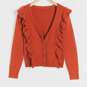 New ANTHROPOLOGIE Tina Ruffled Cardigan Sweater XS Orange